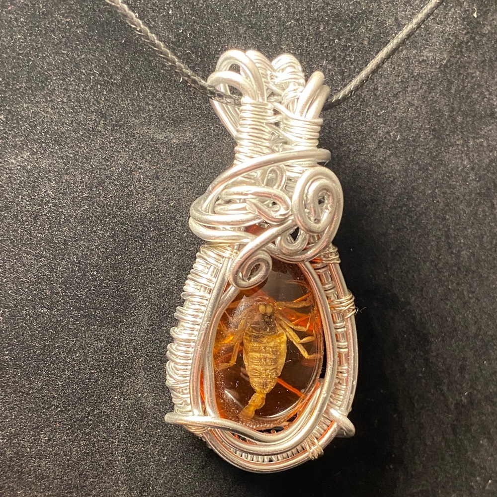 Silver and Amber Scorpion Pendant Necklace